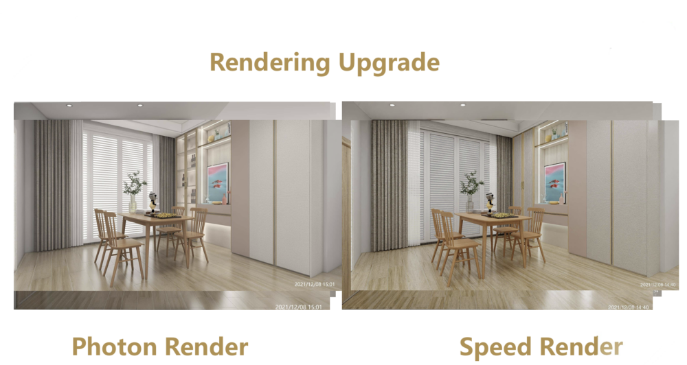 KD20 rendering comparison — photon render versus speed render of a dining room